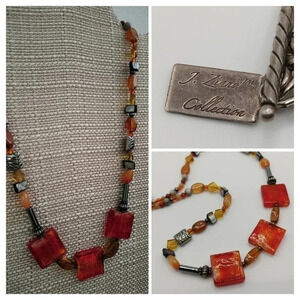 Aztec Boho Glass Polish Beads Necklace Silver Tone